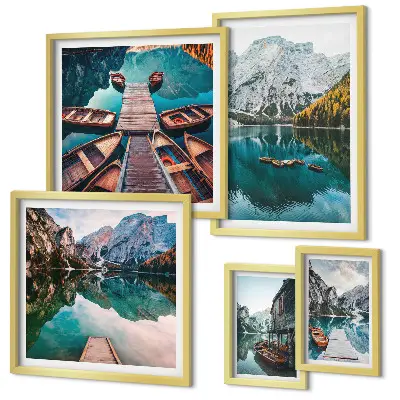 Gallery wall set mountain lakes and wooden boats theme