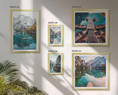 Gallery wall set mountain lakes and wooden boats theme