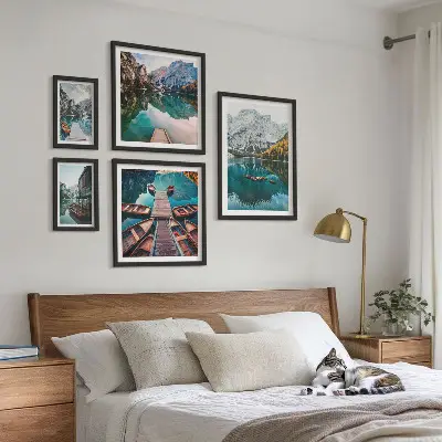 Gallery wall set mountain lakes and wooden boats theme