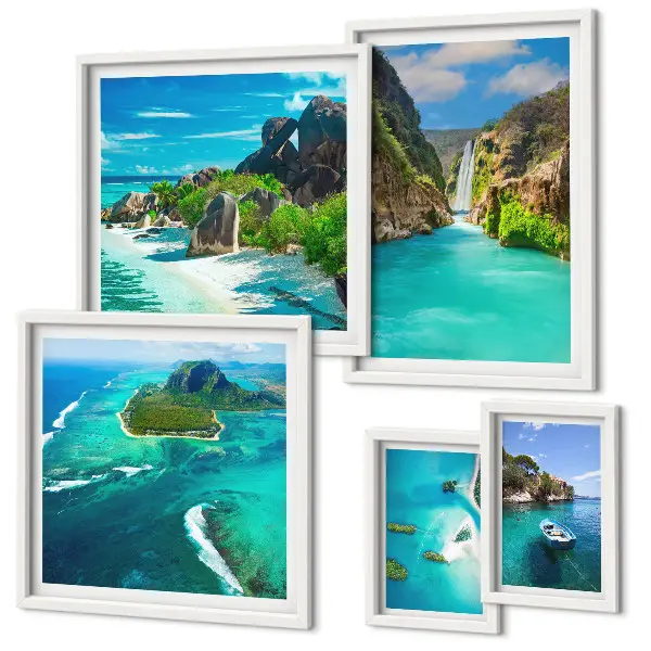 Framed photo set featuring tropical waterfalls and beaches