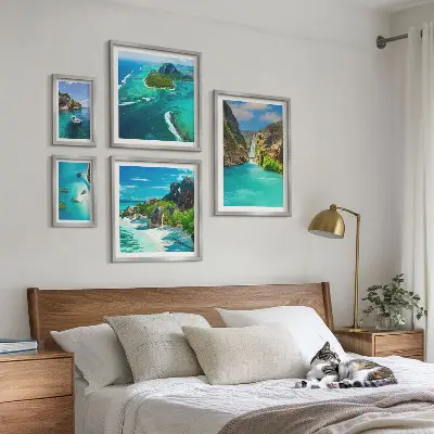 Framed photo set featuring tropical waterfalls and beaches