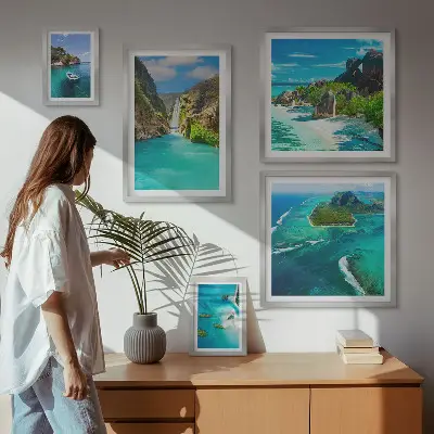 Framed photo set featuring tropical waterfalls and beaches