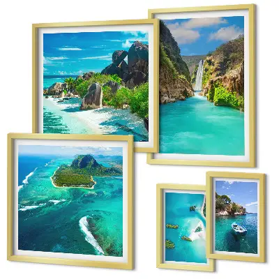 Framed photo set featuring tropical waterfalls and beaches