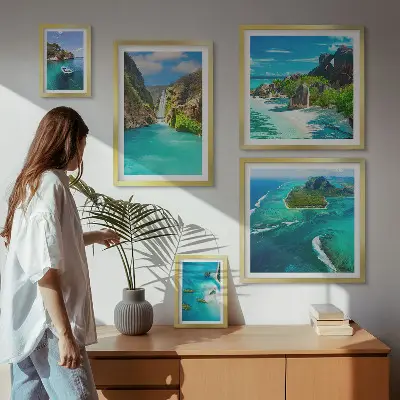 Framed photo set featuring tropical waterfalls and beaches