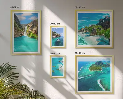 Framed photo set featuring tropical waterfalls and beaches