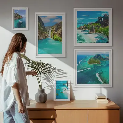 Framed photo set featuring tropical waterfalls and beaches