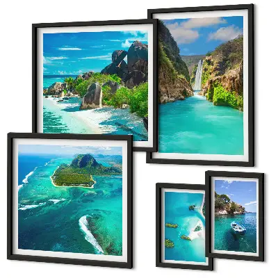 Framed photo set featuring tropical waterfalls and beaches