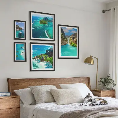 Framed photo set featuring tropical waterfalls and beaches
