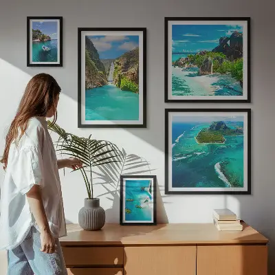 Framed photo set featuring tropical waterfalls and beaches