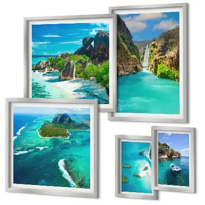 Framed photo set featuring tropical waterfalls and beaches