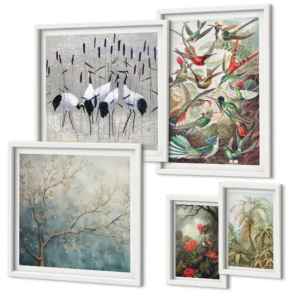 Vintage tropical birds wall art set of 5 pieces