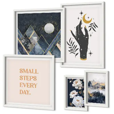 Set of 5 wall art pieces boho style with nature and inspirational quotes