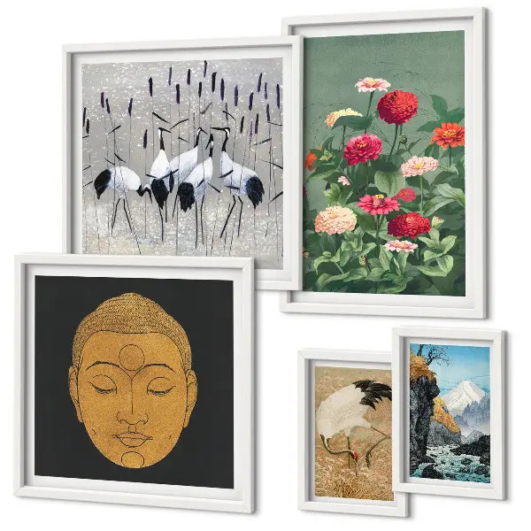 Framed photo set featuring Asian landscapes and flowers