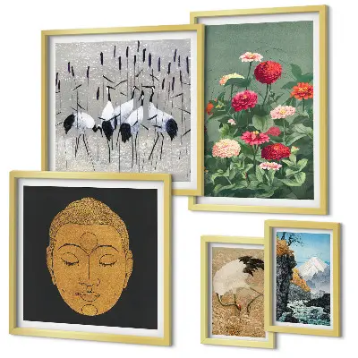 Framed photo set featuring Asian landscapes and flowers