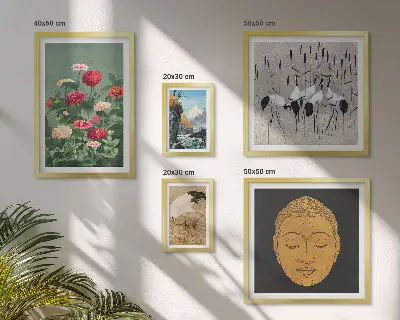 Framed photo set featuring Asian landscapes and flowers