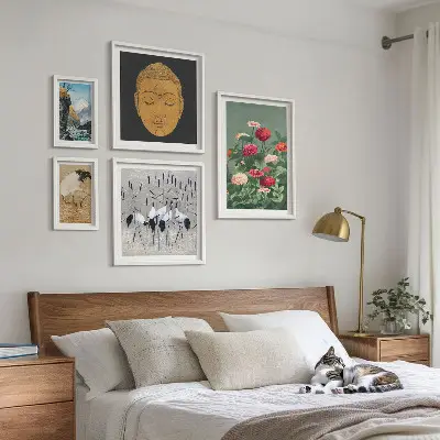 Framed photo set featuring Asian landscapes and flowers