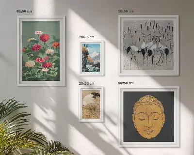 Framed photo set featuring Asian landscapes and flowers