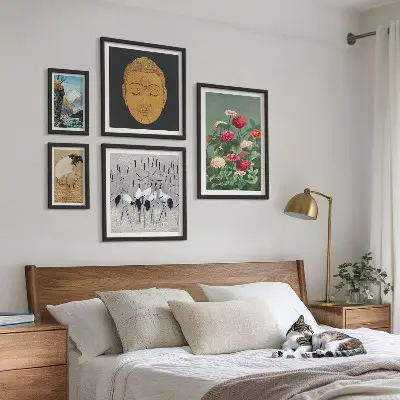 Framed photo set featuring Asian landscapes and flowers