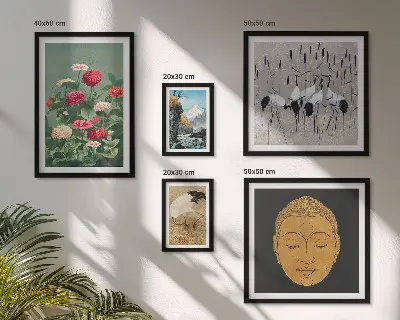 Framed photo set featuring Asian landscapes and flowers
