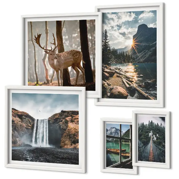 Set of 5 wall art pieces featuring landscapes, nature, waterfalls, and fauna
