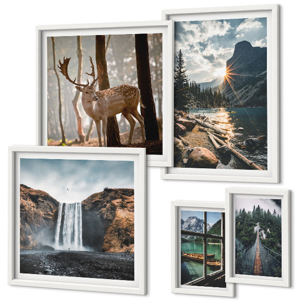 Set of 5 wall art pieces Landscapes nature waterfalls fauna