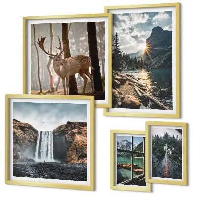 Set of 5 wall art pieces featuring landscapes, nature, waterfalls, and fauna