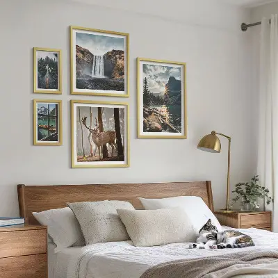 Set of 5 wall art pieces featuring landscapes, nature, waterfalls, and fauna