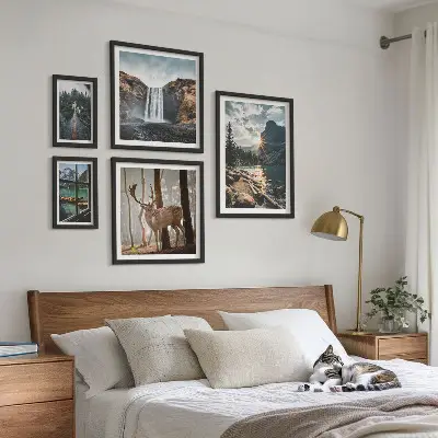 Set of 5 wall art pieces featuring landscapes, nature, waterfalls, and fauna