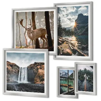 Set of 5 wall art pieces featuring landscapes, nature, waterfalls, and fauna