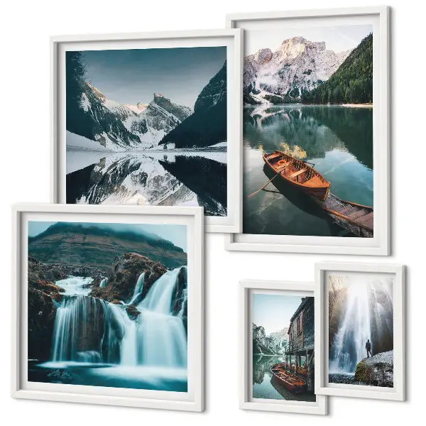 Mountain lake waterfalls framed photo set framed photo set