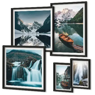 Mountain lake waterfalls framed photo set framed photo set