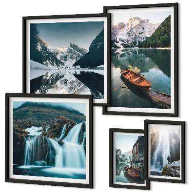 Framed photo set Mountain lake waterfalls