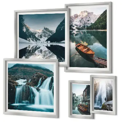 Mountain lake waterfalls framed photo set framed photo set