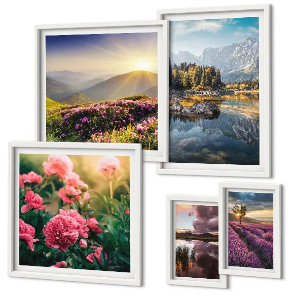 Set of 5 wall art pieces featuring landscape, nature, flower, and mountain scenery