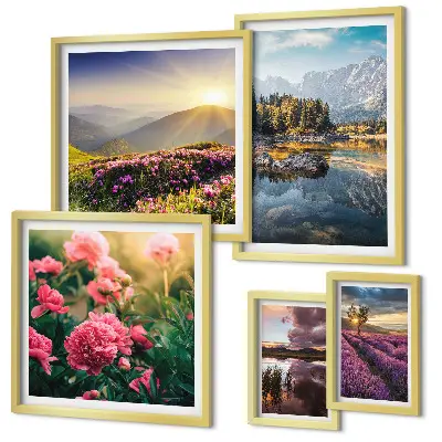 Set of 5 wall art pieces featuring landscape, nature, flower, and mountain scenery