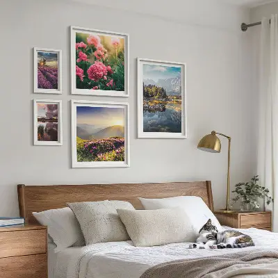 Set of 5 wall art pieces featuring landscape, nature, flower, and mountain scenery