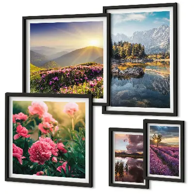 Set of 5 wall art pieces featuring landscape, nature, flower, and mountain scenery