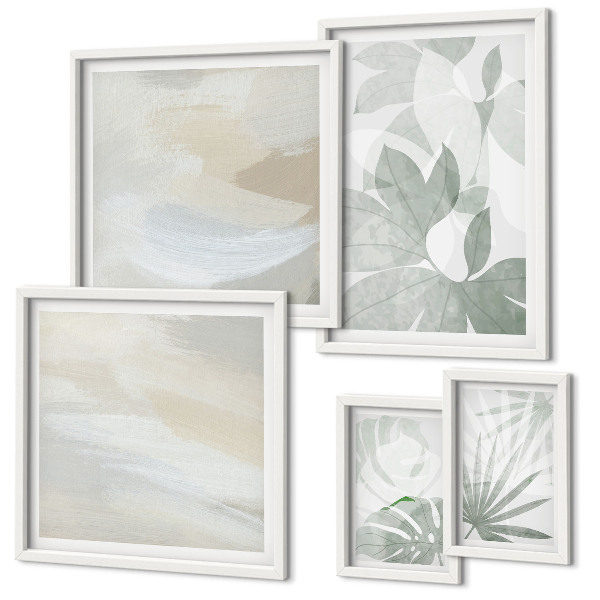 Gallery wall Gray and white plant motifs