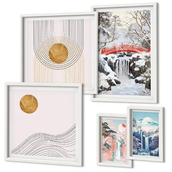 Gallery wall featuring landscape scenes of waterfalls and bridges in Japan