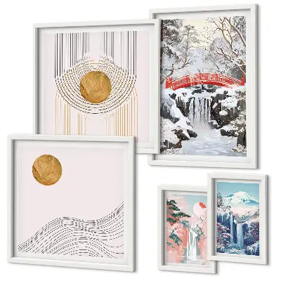 Gallery wall featuring landscape scenes of waterfalls and bridges in Japan
