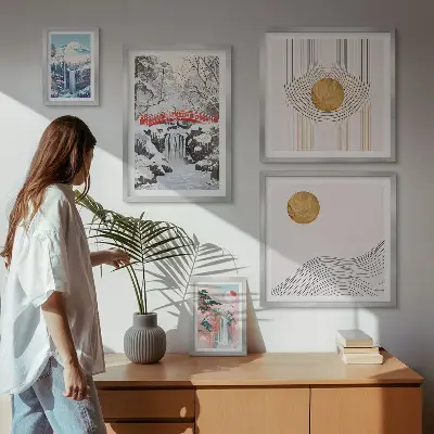 Gallery wall featuring landscape scenes of waterfalls and bridges in Japan