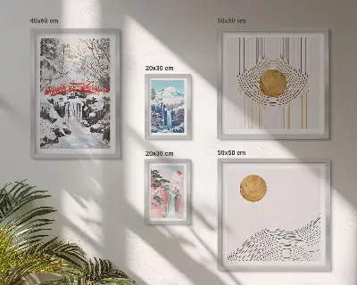 Gallery wall featuring landscape scenes of waterfalls and bridges in Japan