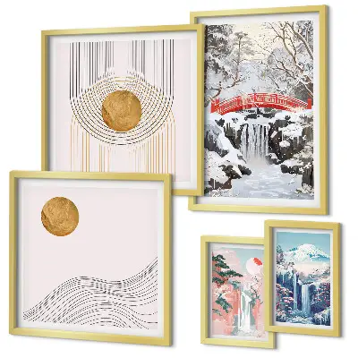 Gallery wall featuring landscape scenes of waterfalls and bridges in Japan