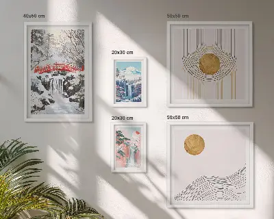 Gallery wall featuring landscape scenes of waterfalls and bridges in Japan