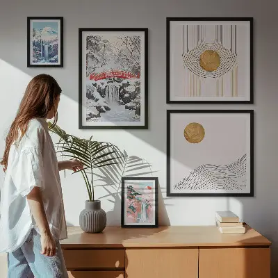 Gallery wall featuring landscape scenes of waterfalls and bridges in Japan
