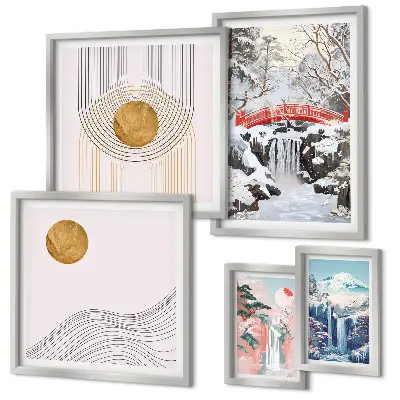 Gallery wall featuring landscape scenes of waterfalls and bridges in Japan