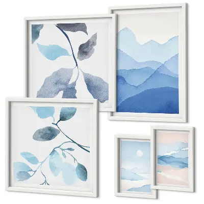 Set of 5 minimalist nature wall art pieces blue theme