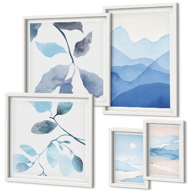Set of 5 wall art pieces Nature blue minimalist