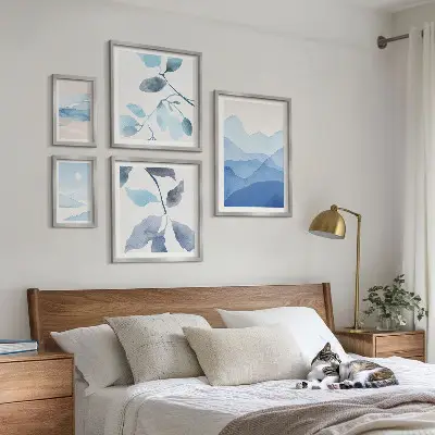Set of 5 minimalist nature wall art pieces blue theme