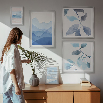 Set of 5 wall art pieces Nature blue minimalist
